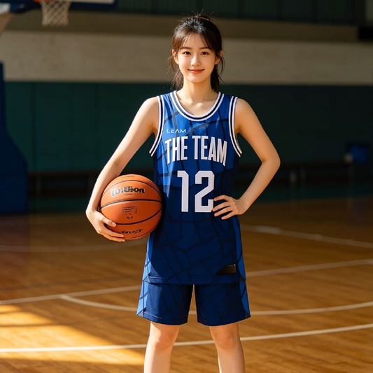 Model wearing custom blue and navy stained-glass pattern basketball singlet