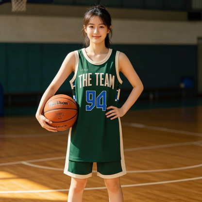 Model wearing custom green with blue and beige pixelated pattern on the sides
