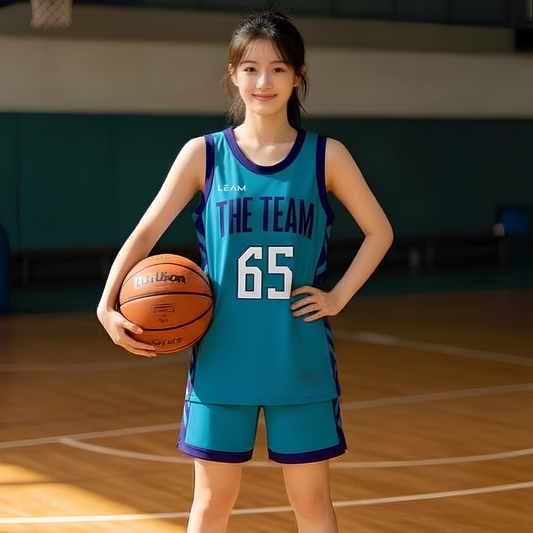 Model wearing custom light blue with purple trim basketball singlet