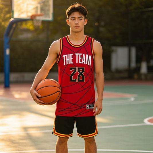 Model wearing custom red with black curved line patterns basketball singlet