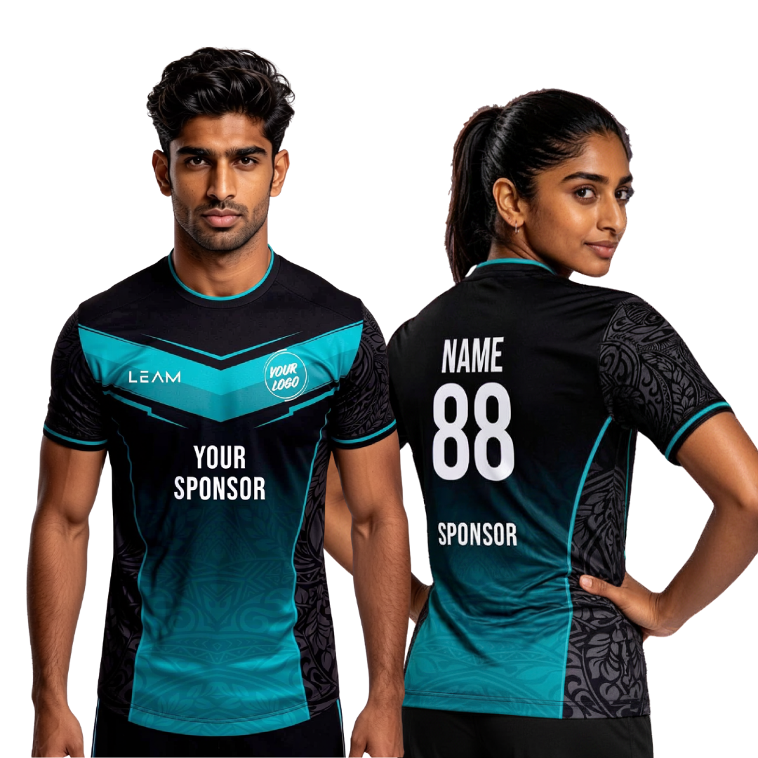 Two models wearing custom black and teal football jersey with tribal patterns football jersey