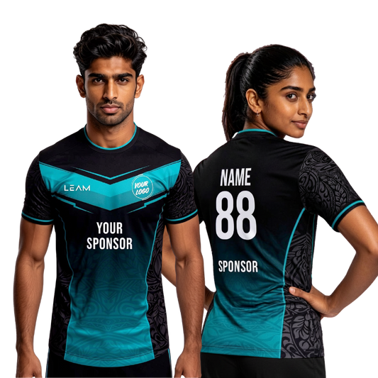 Two models wearing custom black and teal football jersey with tribal patterns football jersey