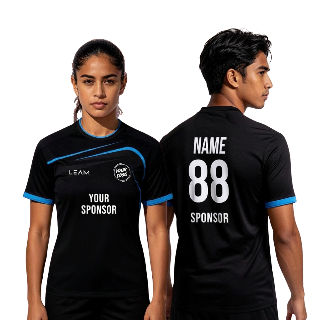 Two models wearing custom black with blue trim on the collar and cuffs football jersey