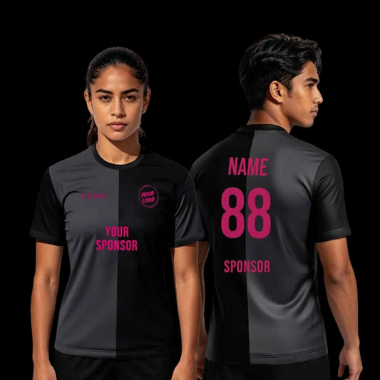 Two models wearing custom black and grey sports jersey with pink text and branding
