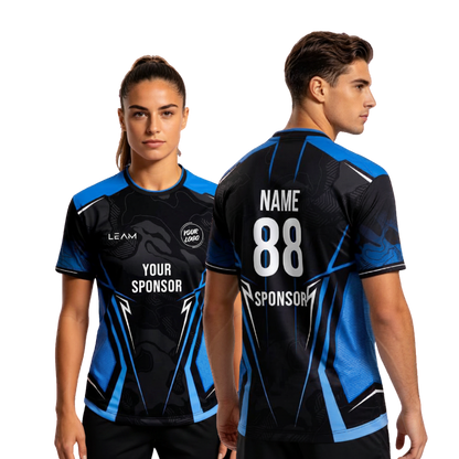 Two models wearing custom black and light blue football jersey