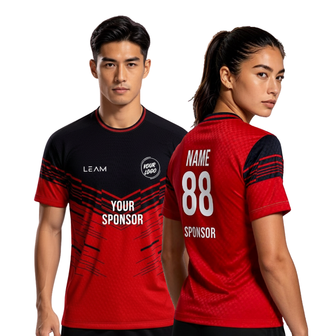 Two models wearing custom black and red, featuring diagonal stripe patterns football jersey