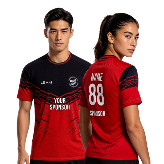Two models wearing custom black and red, featuring diagonal stripe patterns football jersey