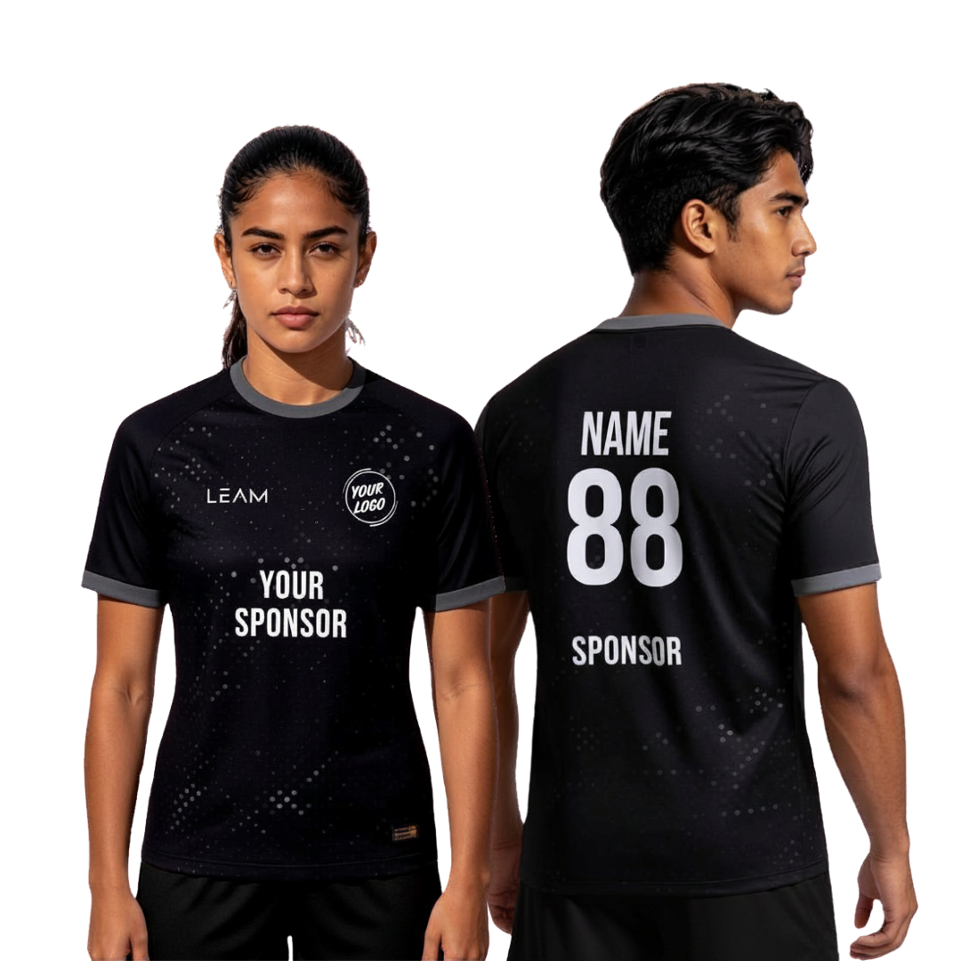 Two models wearing custom black with a subtle speckled pattern football jersey 