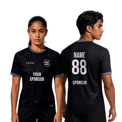 Two models wearing custom black with a subtle speckled pattern football jersey 