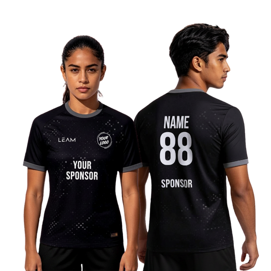 Two models wearing custom black with a subtle speckled pattern football jersey 