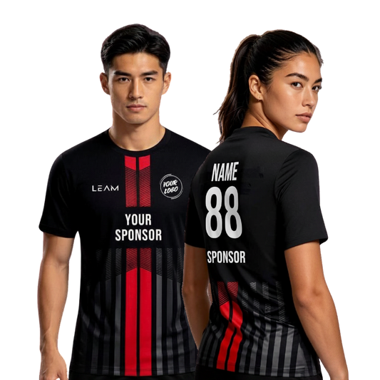 Two models wearing custom black with vertical red and grey striped graphic on the front football jersey