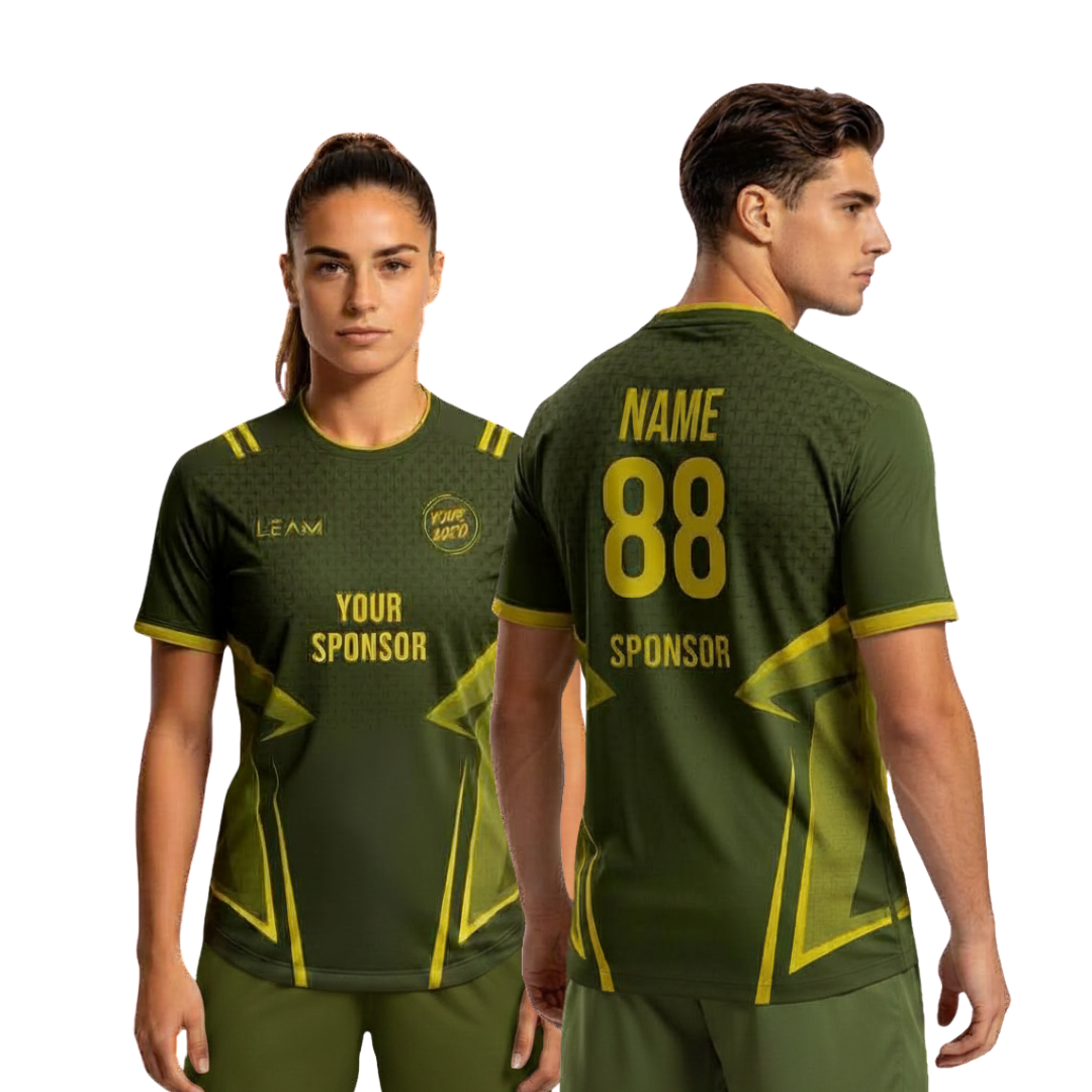 Two models wearing custom green with yellow accents football jersey