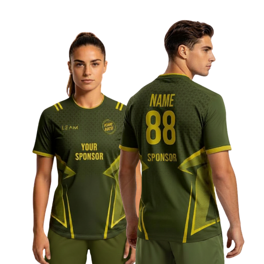 Two models wearing custom green with yellow accents football jersey