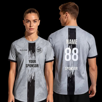 Two models wearing custom grey sports jersey with black paint brush stripe down the middle