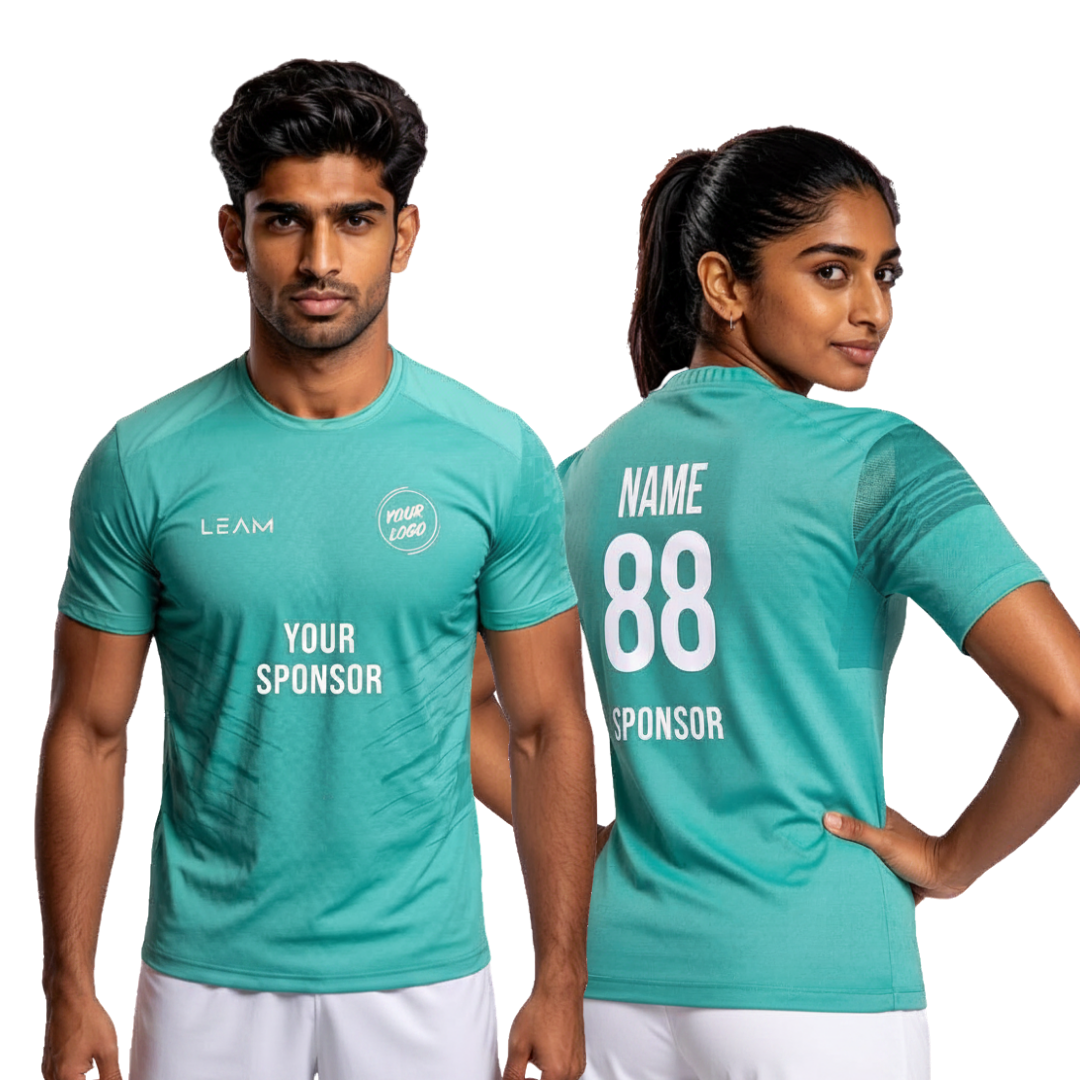 Two models wearing custom mint green football jersey