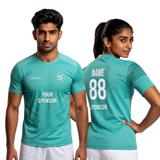 Two models wearing custom mint green football jersey
