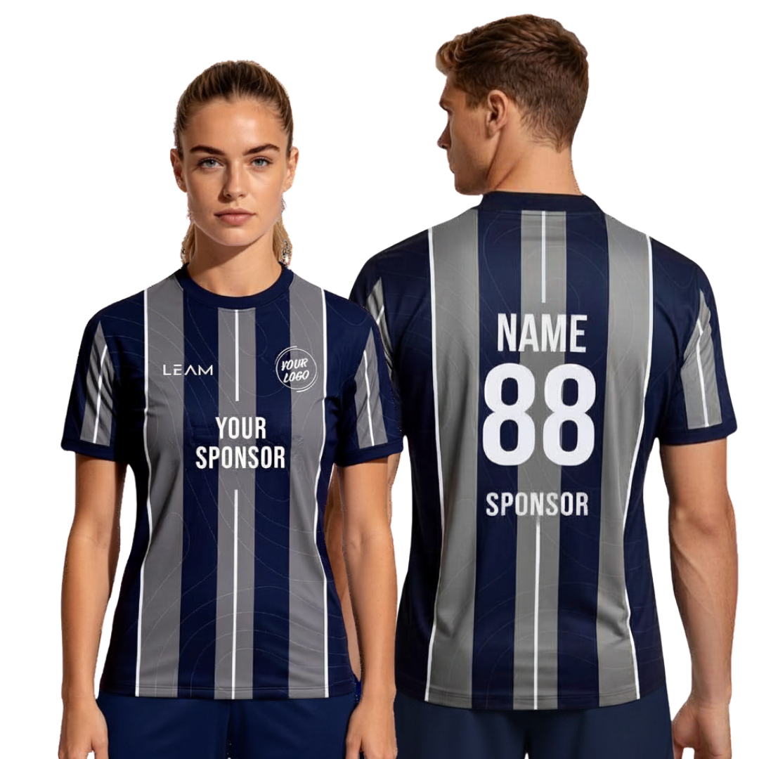 Two models wearing custom navy blue and grey with vertical stripes football jersey
