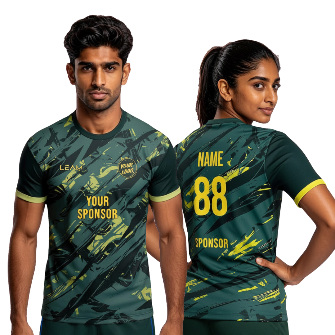 Two models wearing custom olive green with yellow accent and abstract pattern football jersey