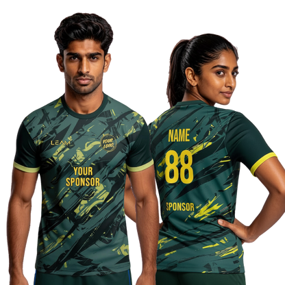 Two models wearing custom olive green with yellow accent and abstract pattern football jersey