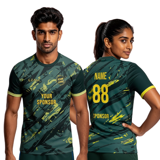 Two models wearing custom olive green with yellow accent and abstract pattern football jersey