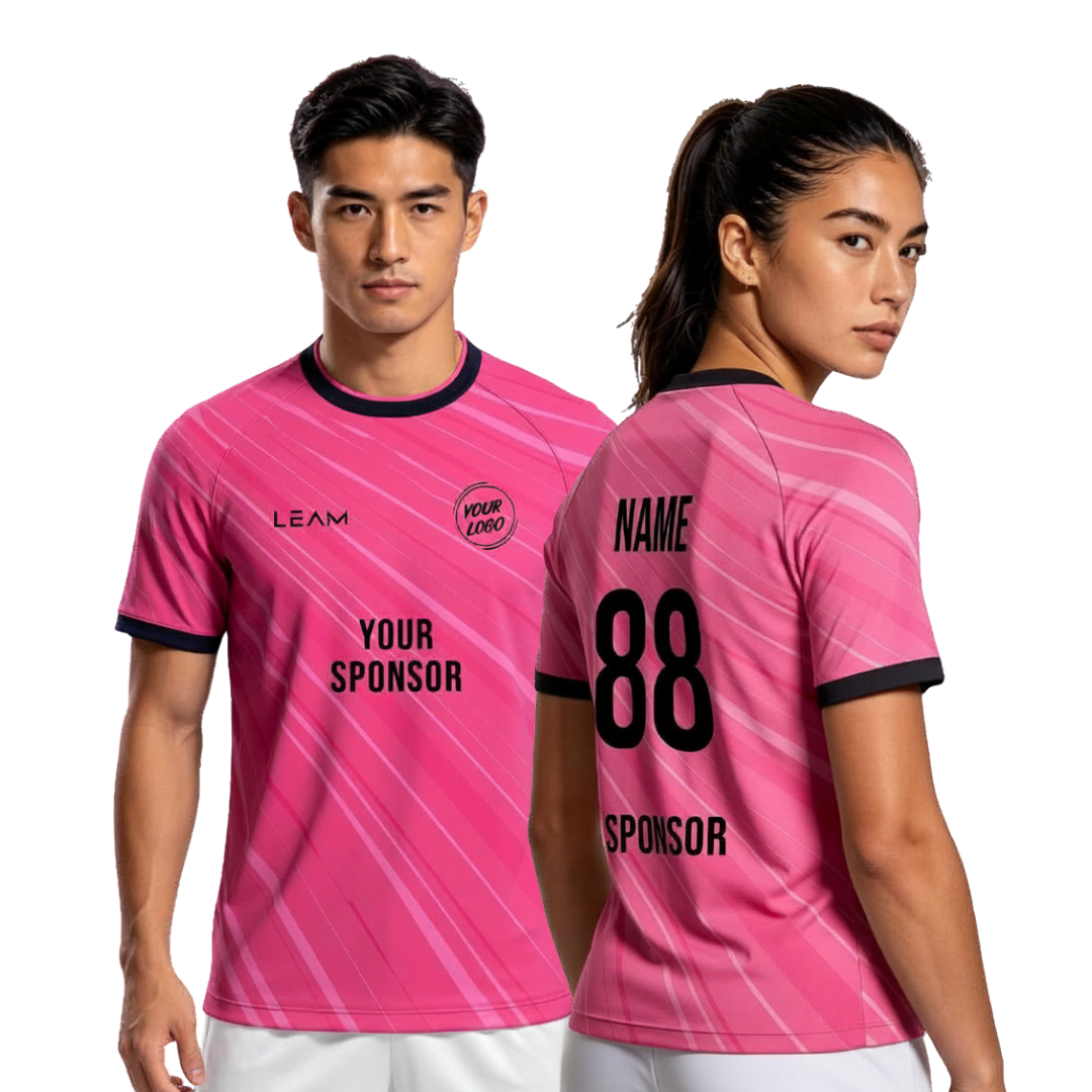 Two models wearing custom pink football jersey with diagonal light pink stripes, black collar and sleeve trim