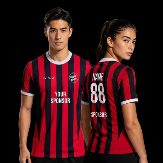 Two models wearing custom red and black stripes jersey 