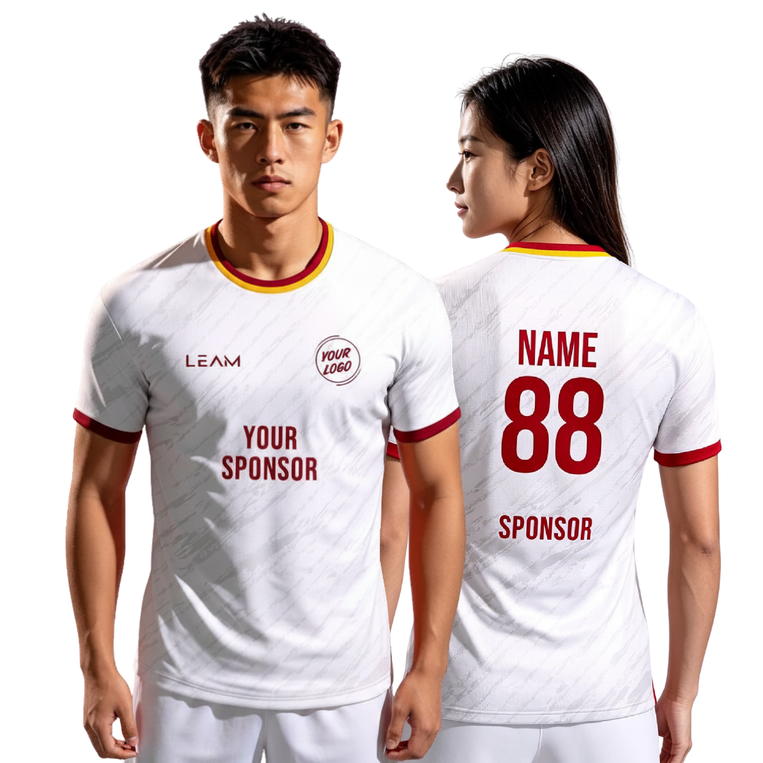 Two models wearing custom white with a subtle diagonal pattern football jersey