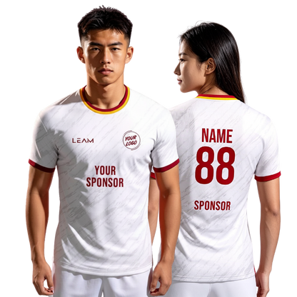 Two models wearing custom white with a subtle diagonal pattern football jersey
