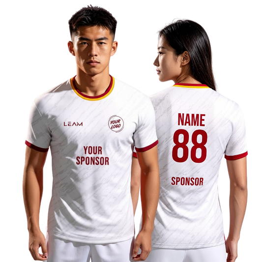 Two models wearing custom white with a subtle diagonal pattern football jersey