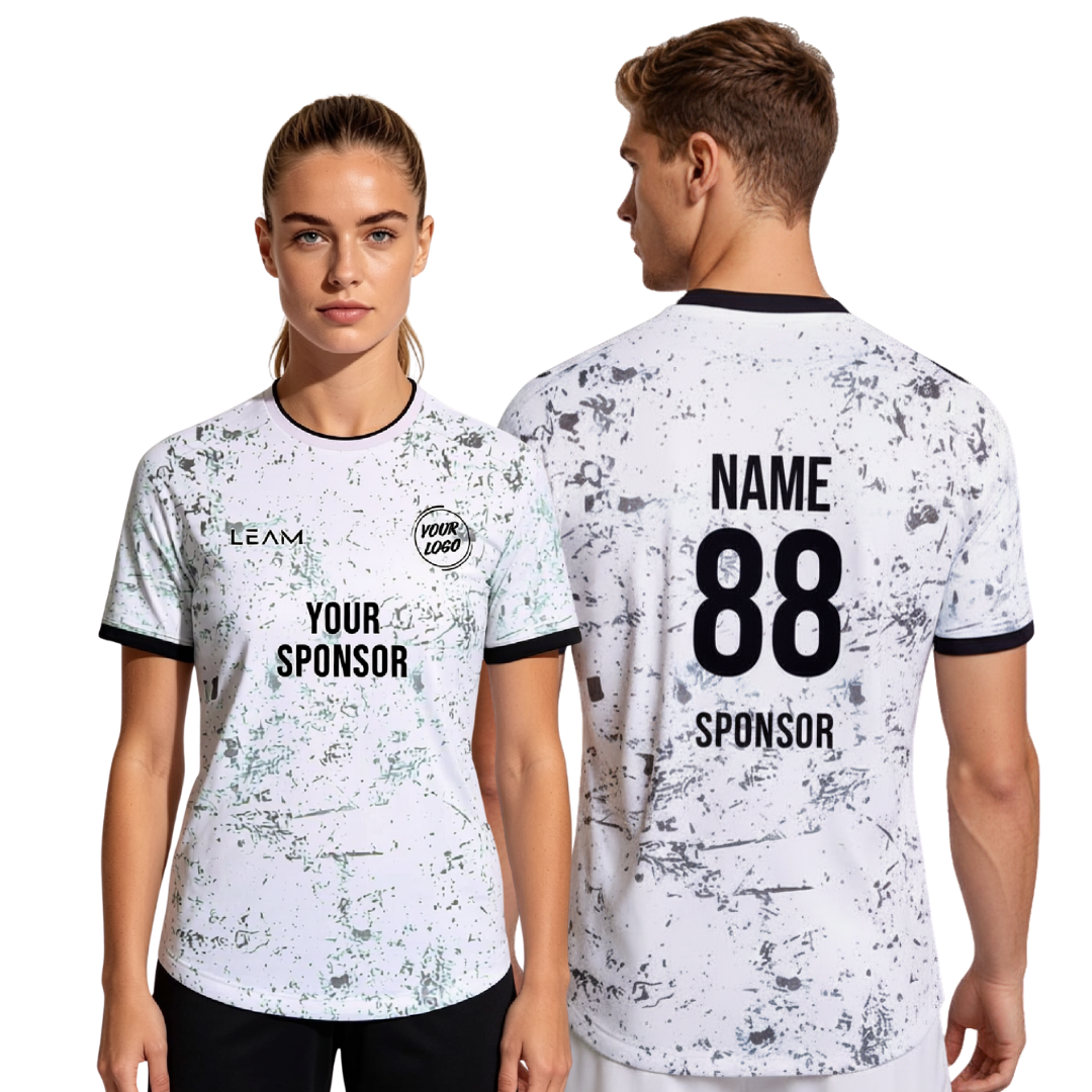 Two models wearing custom white and grey distressed paint splatter pattern football jersey