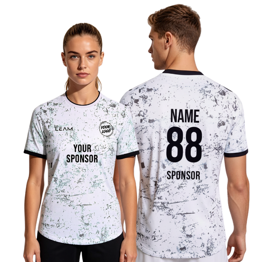 Two models wearing custom white and grey distressed paint splatter pattern football jersey