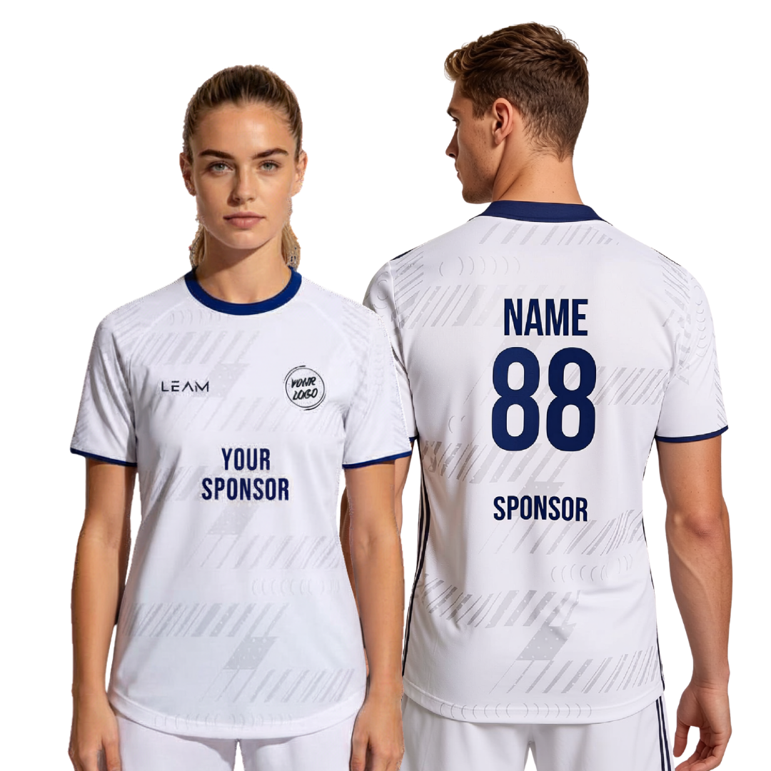 Two models wearing custom white with navy blue trim featuring a subtle geometric pattern football jersey