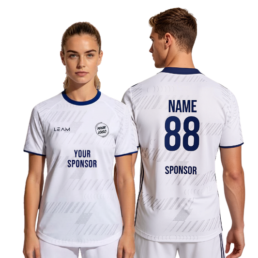 Two models wearing custom white with navy blue trim featuring a subtle geometric pattern football jersey
