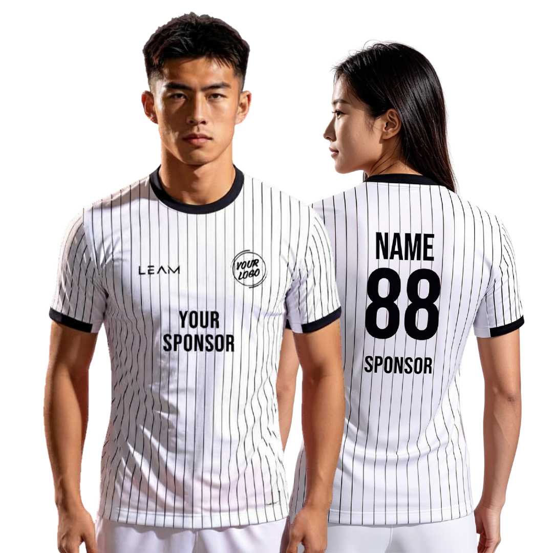 Two models wearing custom white with thin black vertical pinstripes football jersey, black collar and sleeve trim