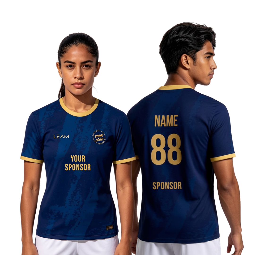 Two models wearing custom navy blue with gold trim featuring a subtle vertical textured pattern football jersey