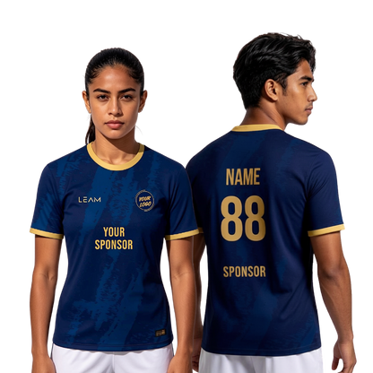 Two models wearing custom navy blue with gold trim featuring a subtle vertical textured pattern football jersey