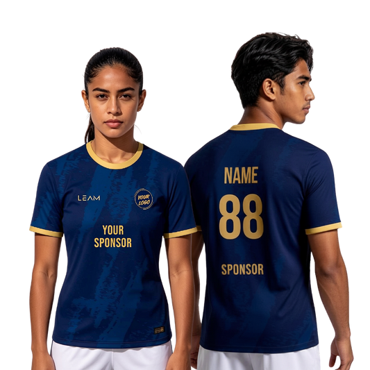 Two models wearing custom navy blue with gold trim featuring a subtle vertical textured pattern football jersey
