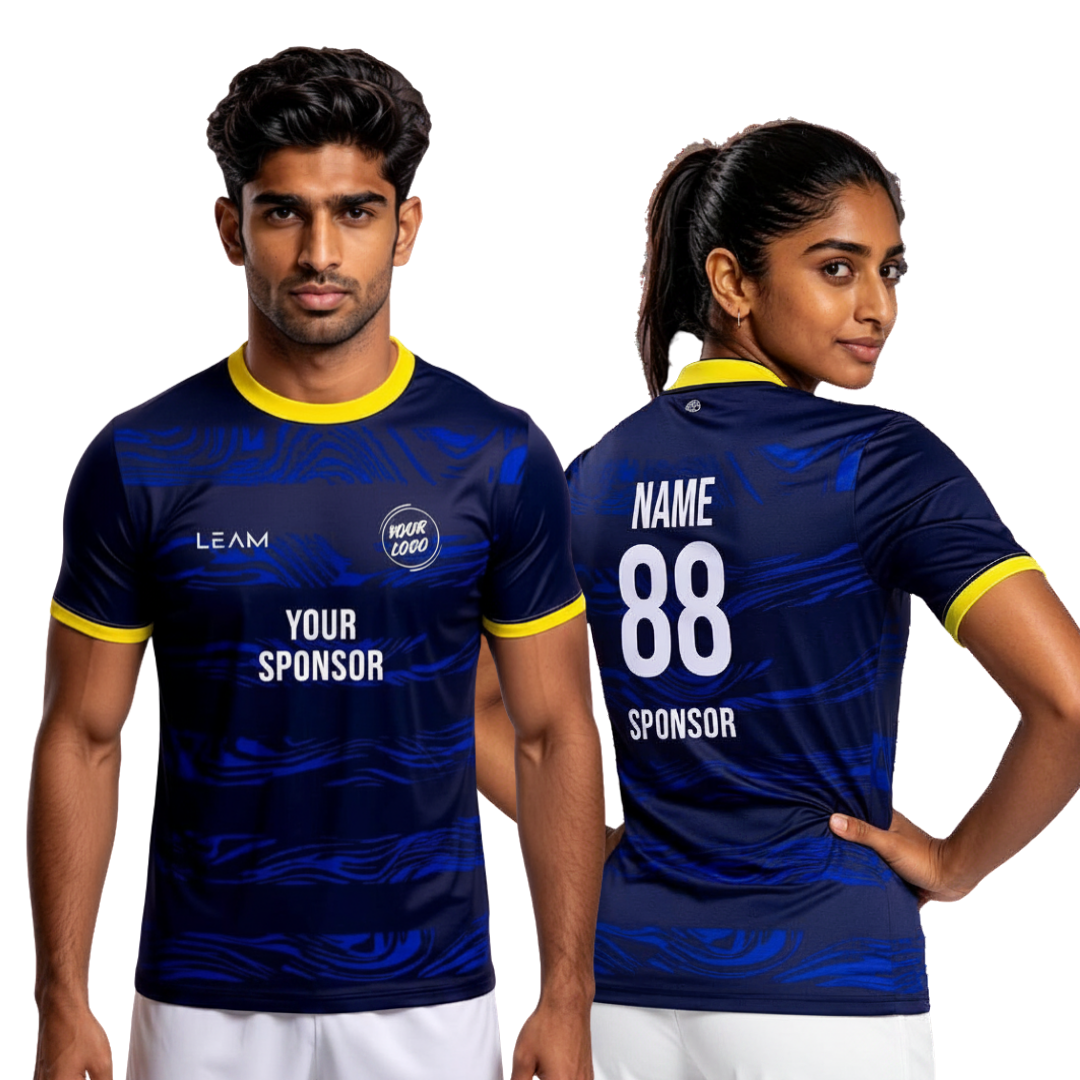 Two models wearing custom navy blue with a lighter blue abstract wave pattern football jersey