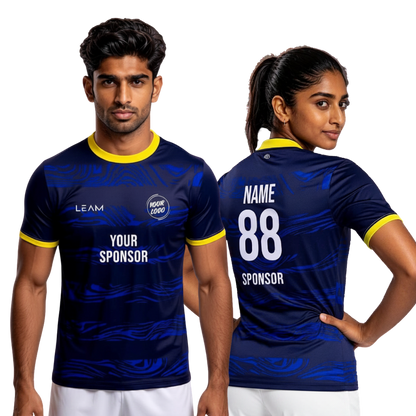 Two models wearing custom navy blue with a lighter blue abstract wave pattern football jersey