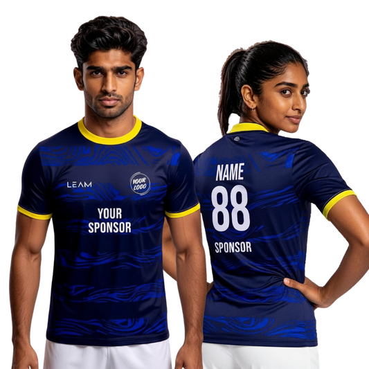 Two models wearing custom navy blue with a lighter blue abstract wave pattern football jersey