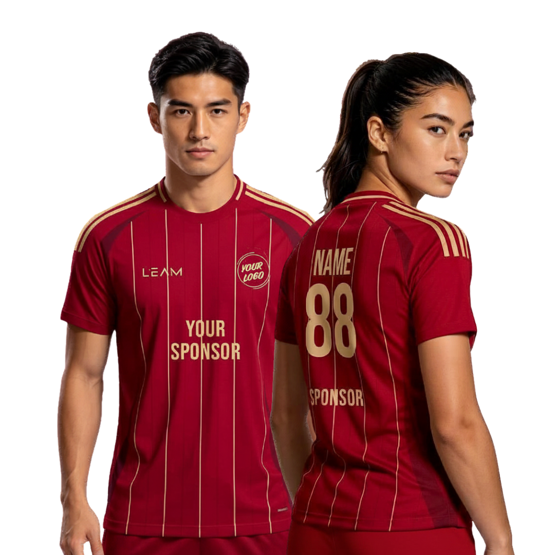 Two models wearing custom dark red with vertical gold stripes football jersey