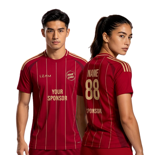 Two models wearing custom dark red with vertical gold stripes football jersey