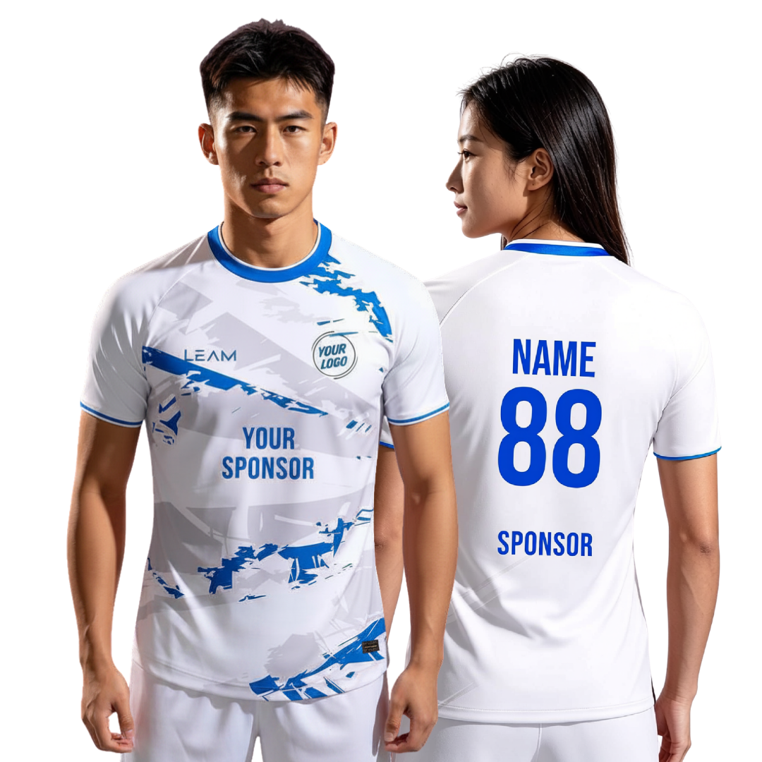 Two models wearing custom white base, blue collar and sleeve trim, and blue abstract graphics football jersey