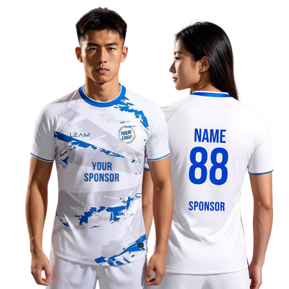 Two models wearing custom white base, blue collar and sleeve trim, and blue abstract graphics football jersey