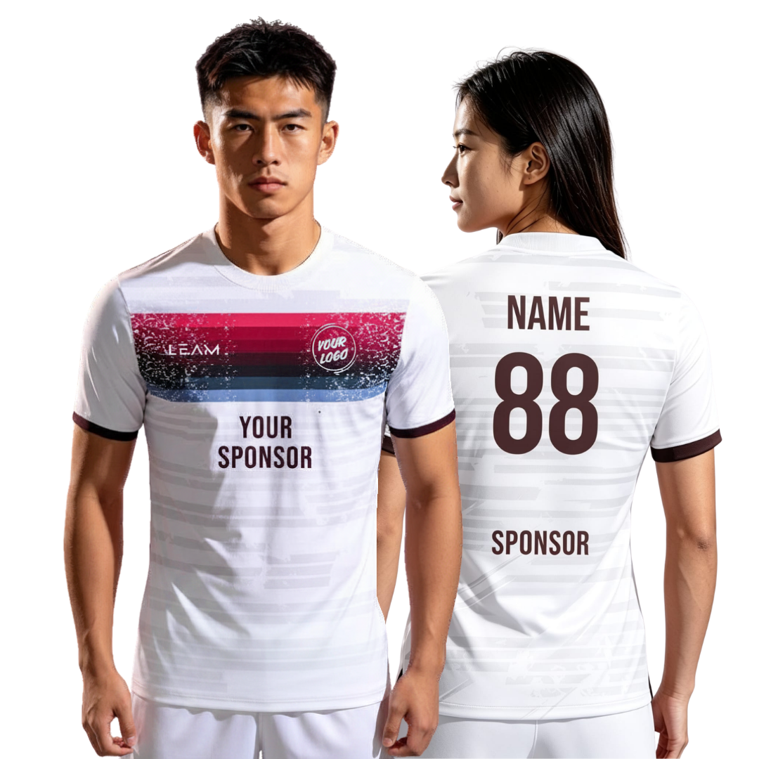 Two models wearing custom white with a red, black, and blue horizontal graphic stripe across the chest football jersey