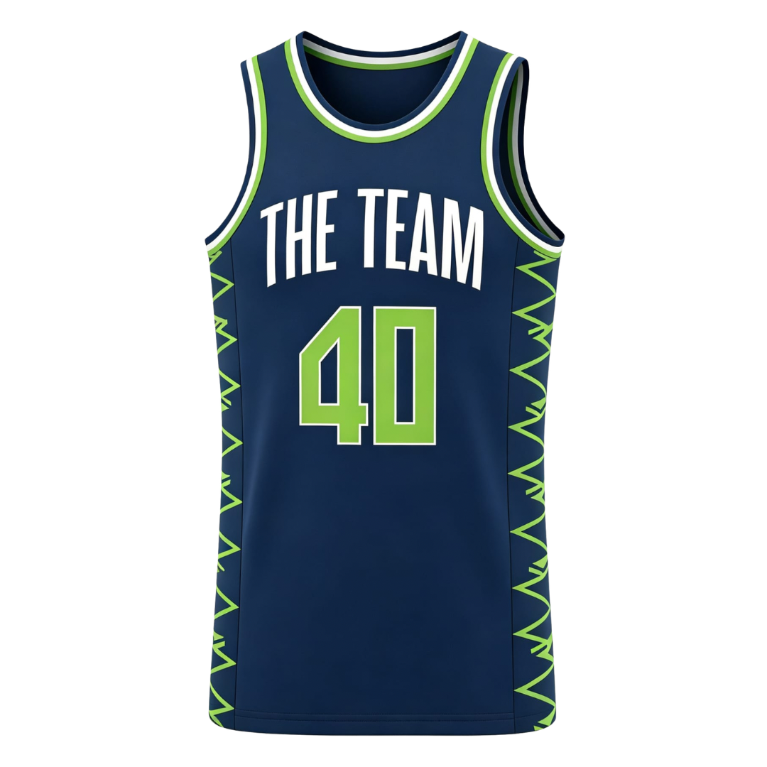 Custom navy blue featuring zigzag green details along the sides basketball singlet