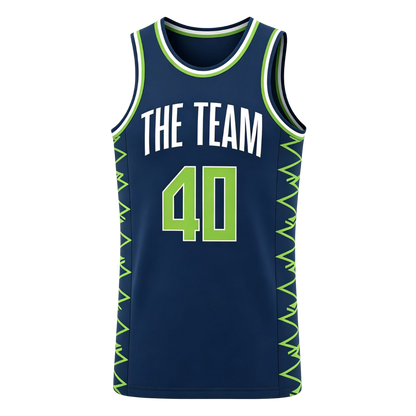 Custom navy blue featuring zigzag green details along the sides basketball singlet