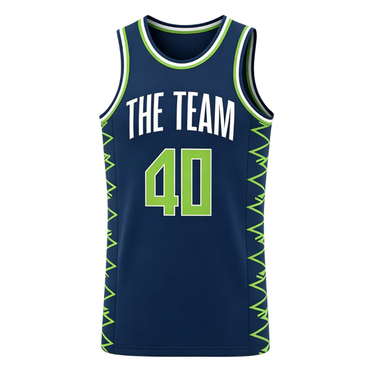 Custom navy blue featuring zigzag green details along the sides basketball singlet