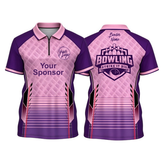 Custom purple and pink with a diamond quilted pattern polo zip bowling jersey