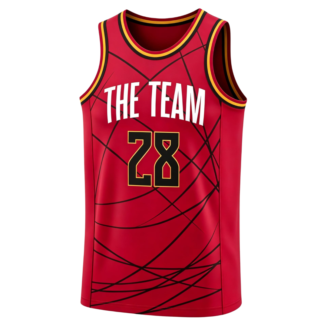 Custom red with black curved line patterns basketball singlet